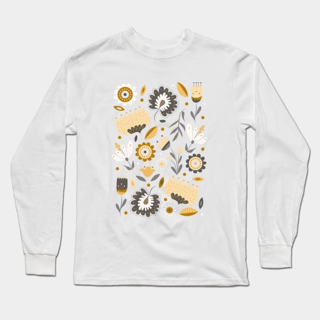 Floral Folk Art in Mustard Yellow Long Sleeve T-Shirt by latheandquill